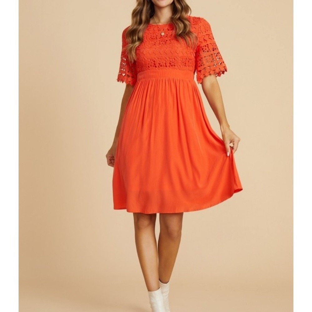 Bohemian Crochet Sleeves Dress Women's‎ Large Orange Peasant Midi Beachy